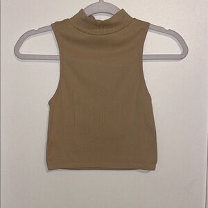 Zara Sleeveless Tan Ribbed Cropped Tank Top with Mock Turtleneck | XS-S